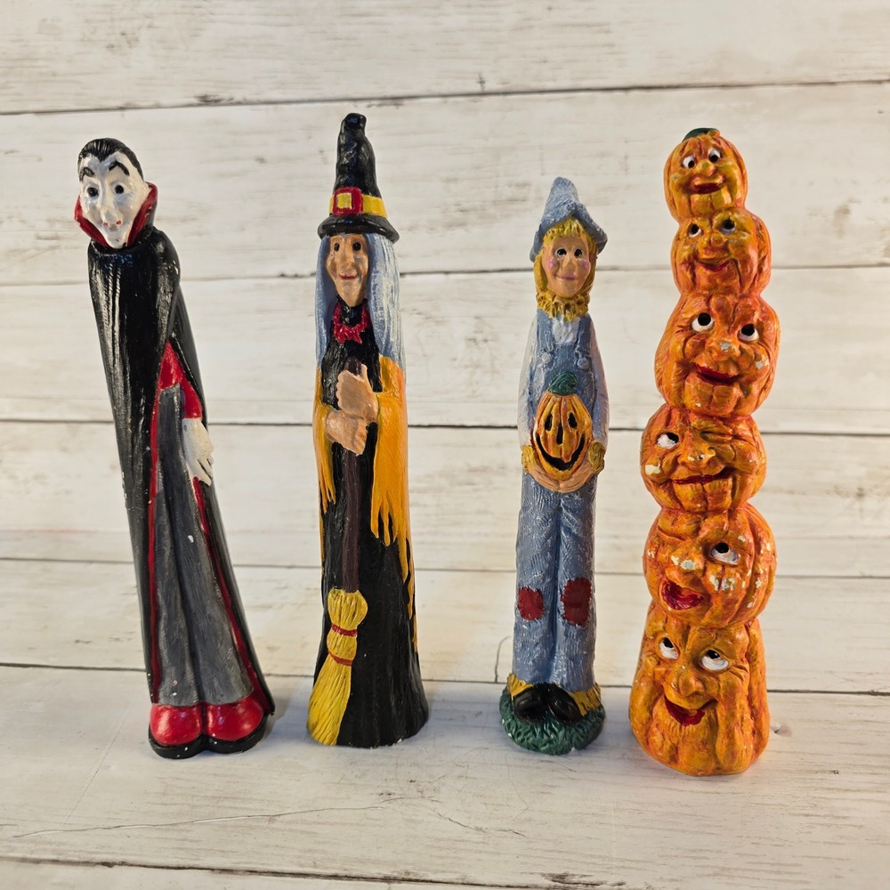 Vintage Style Halloween Figurines Set of 4 Vampire Witch Scarecrow Pumpkin Stack
